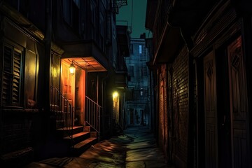 Soft Streetlamp Glow: Unveiling Intrigue and Suspense in a Shadowy Alleyway, generative AI