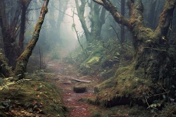 Enigmatic Mist and Intrigue: Unveiling the Mysterious Path in a Foggy Forest, generative AI