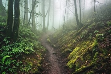 Obraz premium Enigmatic Mist: Intrigue and Discovery in a Foggy Forest with Hidden Path, generative AI