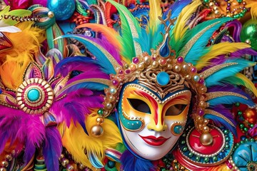 Celebrating the Carnival Spirit: Colorful Parade Floats, Vibrant Masks, and Beads in a Mardi Gras Background, generative AI