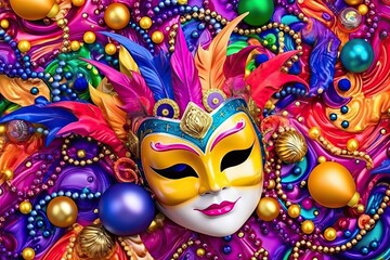 Vibrant Masks and Colorful Beads: Festive Mardi Gras Celebration, generative AI