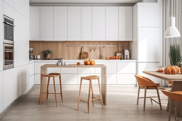 a modern kitchen project in all white with a healthy breakfast and simple decor. Generative AI