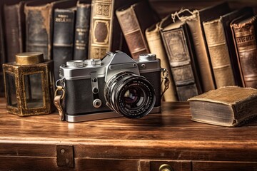 Capturing Memories: Nostalgic Vintage Film Camera on a Wooden Desk, generative AI