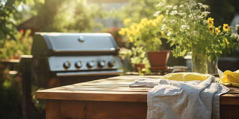 Silberner Gas Grill im sch&ouml;nen Garten mit Pflanzen und Tisch, ai generativ 