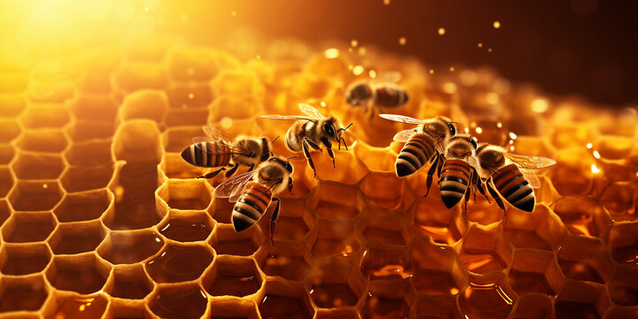 Viele Bienen Arbeiten in der Bienenwabe und produzieren Honig Nahuafnahme, ai generativ