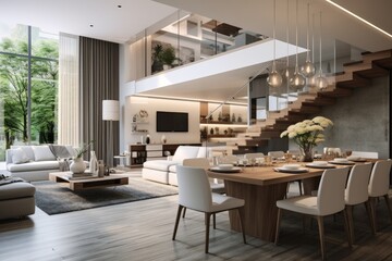 Fototapeta premium Contemporary, bi level apartment featuring a trendy living area with a dining table, seamlessly connecting to the kitchen and staircase leading to the upper level.