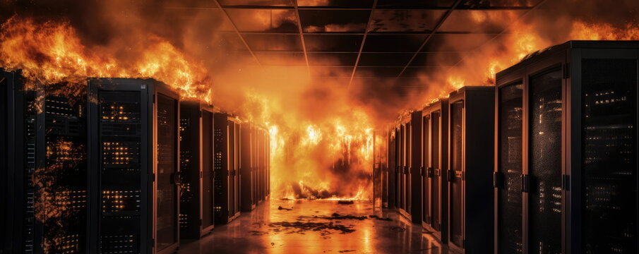 Burning process. data center on fire. Hand edited generative AI.    