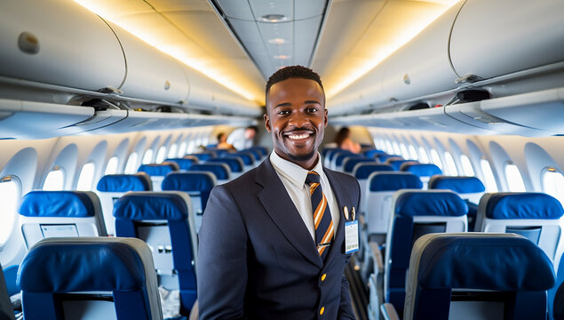 Smiling African male flight attendant portrait standing in plane. Dark skinned steward at work. handsome man passengers aircraft