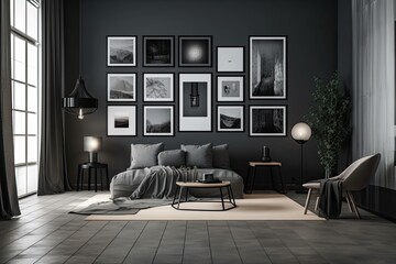 A contemporary interior flat black and metallic silver room is barren and devoid of furniture. A gallery wall template with nine frames is attached to the wall for poster presentations. Generative AI