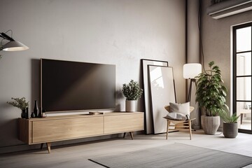 A modern empty room with a TV cabinet, a poster frame stand, a blank canvas on the floor, and minimal design. Generative AI