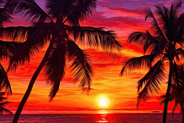 Intense and Dramatic: Fiery Sunset Over a Vast Ocean - Red Background with Silhouettes of Palm Trees in a Tropical Paradise, generative AI