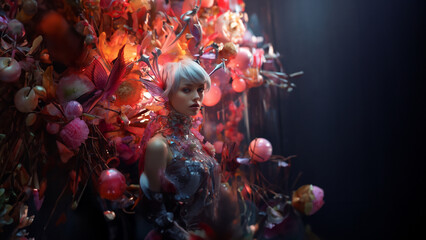 Hübsche Fashion Model Frau mit Kopfschmuck und Blumenexplosion im Hintergrund Porträt, ai generativ