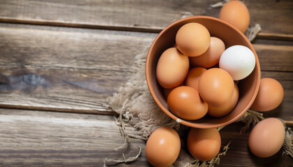 Fresh farm eggs on a wooden rustic background