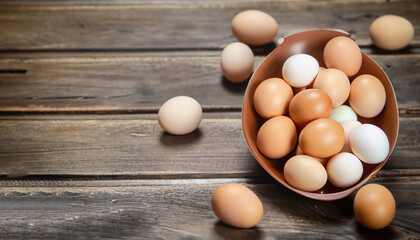 Fresh farm eggs on a wooden rustic background