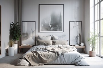 Fototapeta na wymiar A double bed is located in the interior bedroom corner. Pillows in white and gray with gray bedding. Above the bed, there is a horizontal poster hanging. a mockup. Generative AI