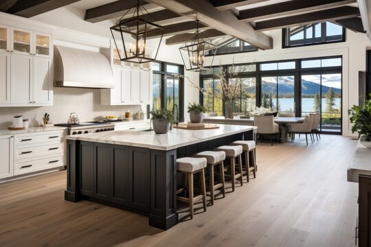 A beautiful, modern kitchen with hardwood flooring, wooden beams, a spacious island, and quartz countertops in a newly built luxurious home.