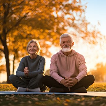 Senior Couple is Doing Sport Outdoors, Happy Senior People in Love Doing Yoga Together, Generative AI Illustration