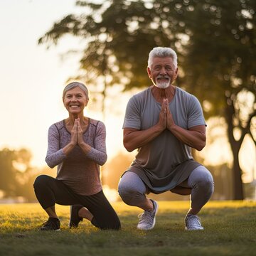 Senior Couple is Doing Sport Outdoors, Happy Senior People in Love Doing Yoga Together, Generative AI Illustration
