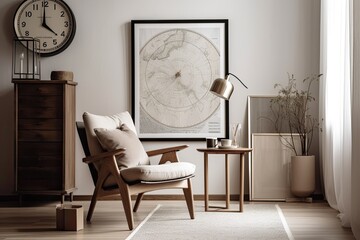 A chic Scandinavian composition of a living room in contemporary home decor includes a design armchair, a mock up poster frame in black, carpet décor, a wooden stool, a clock, and personal