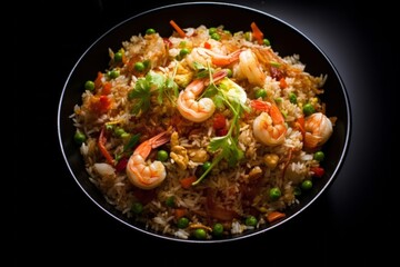 An outstanding detailed image of Fried Rice, with finely chopped vegetables and shrimps, lit by soft window light, captured with a Leica SL2-S camera, using a fisheye lens --v 5.2 --ar 125:83