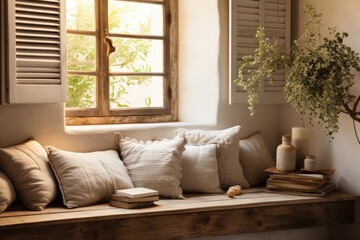 Cosy and inviting window seat adorned with cushions and an open book, with sunlight streaming through antique shutters, creating a rustic ambiance in the home.