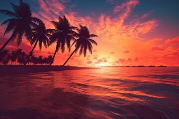 Fototapeta na wymiar Tranquil Beach at Sunset: Gentle Waves, Silhouette of Palm Trees, Beach Bliss, generative AI