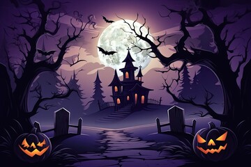 purple halloween night background - creepy cartoon with a haunted mansion, scary trees, pumpkin faces, a full moon and bats in the air - purple color scheme  - generative ai 