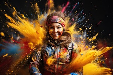 Obraz na płótnie Canvas happy woman in outdoor cloth being hit by a beautiful color explosion with colored dust and smoke flying in every direction - yellow, orange, red, blue - generative ai - imaginary person