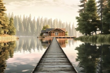 Tranquil Lakeside Retreat: Serene Background with Wooden Dock and Reflections on the Water, generative AI
