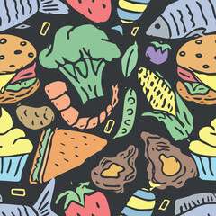 Seamless food pattern. Doodle food background