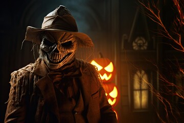 Fototapeta na wymiar creepy halloween costume of a pumpkin mask in a dark spooky setting - generative ai