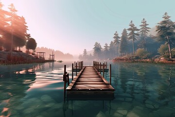 Tranquil Lakeside Retreat: Serene Background with Wooden Dock and Water Reflections, generative AI