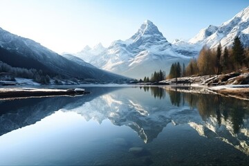 Tranquil Lake Reflecting Snow-Capped Mountains: A Serene Background of Serenity and Stillness, generative AI
