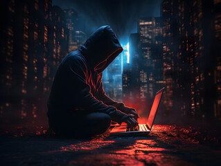 Fototapeta Cyber security concept. Cyber crime hacker with laptop. Abstract binary code digital interface. obraz