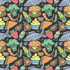 Seamless food pattern. Doodle food background