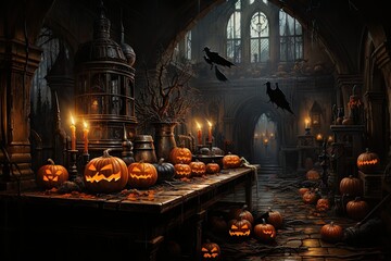 creepy halloween background inside a haunted mansion with candles, glowing pumpkins and a dark atmosphere - generative ai - obrazy, fototapety, plakaty