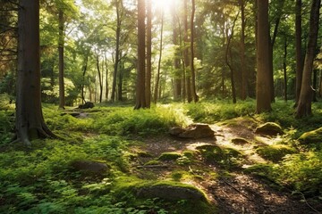 Fototapeta premium Tranquil Forest Clearing: Serene Background with Sunlight and Peaceful Retreat, generative AI