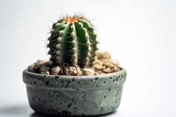 A little cactus in a pot is shown above, isolated against a white background. Generative AI