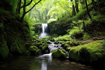 Naklejka na ściany i meble Natural Harmony: Serene Forest Waterfall in Tranquil Setting, generative AI