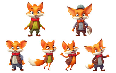 set vector illustration of cute fox wear casual autumn outfit elements isolated on white background