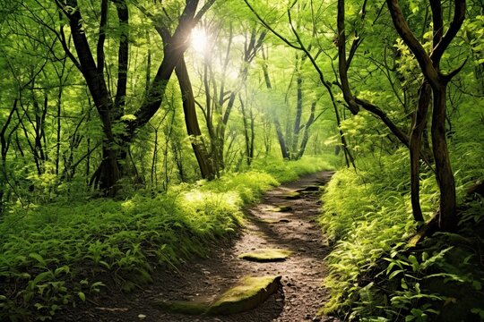 Tranquil Forest Path: Sunlight-Filled Serene Background, Nature's Serenity, generative AI
