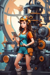 anime illustration of a smart girl designing an advanced robotic machine, Industrial robot