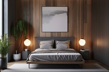 A contemporary bedroom's interior features a snug king bed, two bedside tables, and gray and wooden walls. fake vertical poster frame. Generative AI