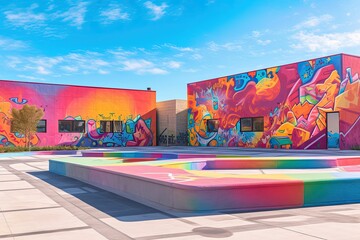 Colorful Graffiti-Adorned Skate Park: Showcasing Urban Energy with Skaters Performing Tricks, generative AI - obrazy, fototapety, plakaty