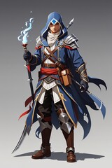 Obraz premium illustration of a powerful fire witch with blue robes, 3d character.