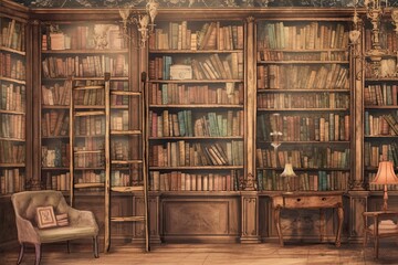 Antique Books and Literary Timelessness: Exploring a Vintage Background of an Old Bookstore with Shelves Filled, generative AI