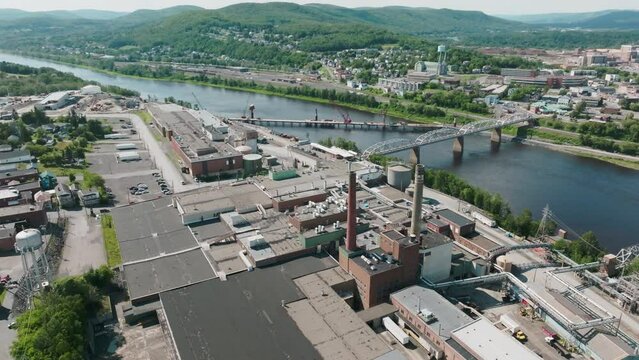 Drone Highlights Industrial Plant Nestled on the Border of Maine, USA and Edmundston, Canda