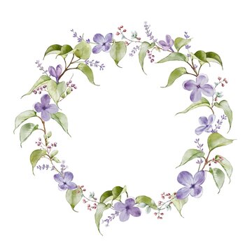 Watercolor wreath design with purple flowers and leaves