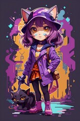 a spy anime cat girl with purple colour clothing style also using a hat