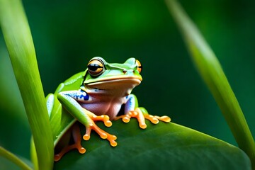 Obraz premium green frog on a leaf generative in ai